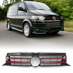 50-50-6.jpg VW Transporter T5.1 09-15 Gloss Black Badged Front Bumper Grille Red Trim