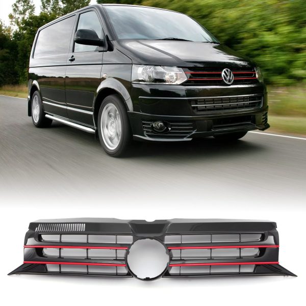 VW Transporter T5.1 09-15 Gloss Black Badged Front Bumper Grille Red Trim