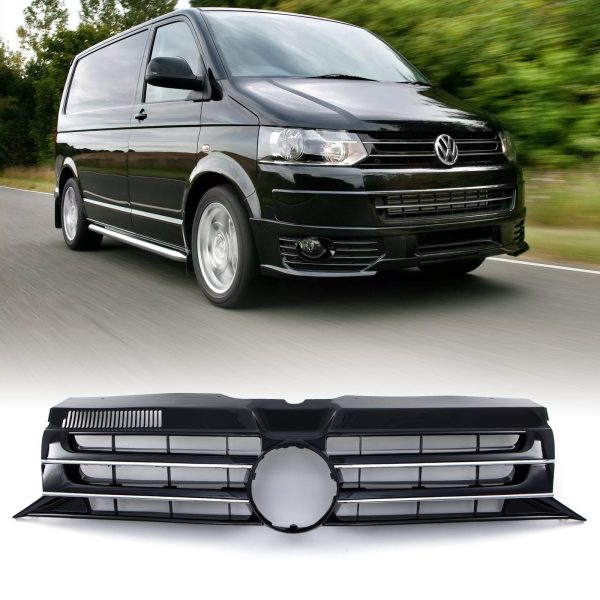 DLGR071-01-f50-50.jpg VW Transporter T5.1 09-15 Gloss Black Badged Front Bumper Grille Chrome Trim
