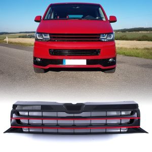 DLGR073-01-50-50.jpg VW Transporter T5.1 09-15 Gloss Black Badgeless Front Bumper Grille Red Trim
