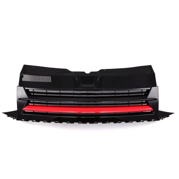 VW Transporter T6 16-19 Gloss Black Badgeless Front Bumper Grille Red Trim