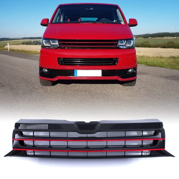 VW Transporter T5.1 09-15 Gloss Black Badgeless Front Bumper Grille Red Trim