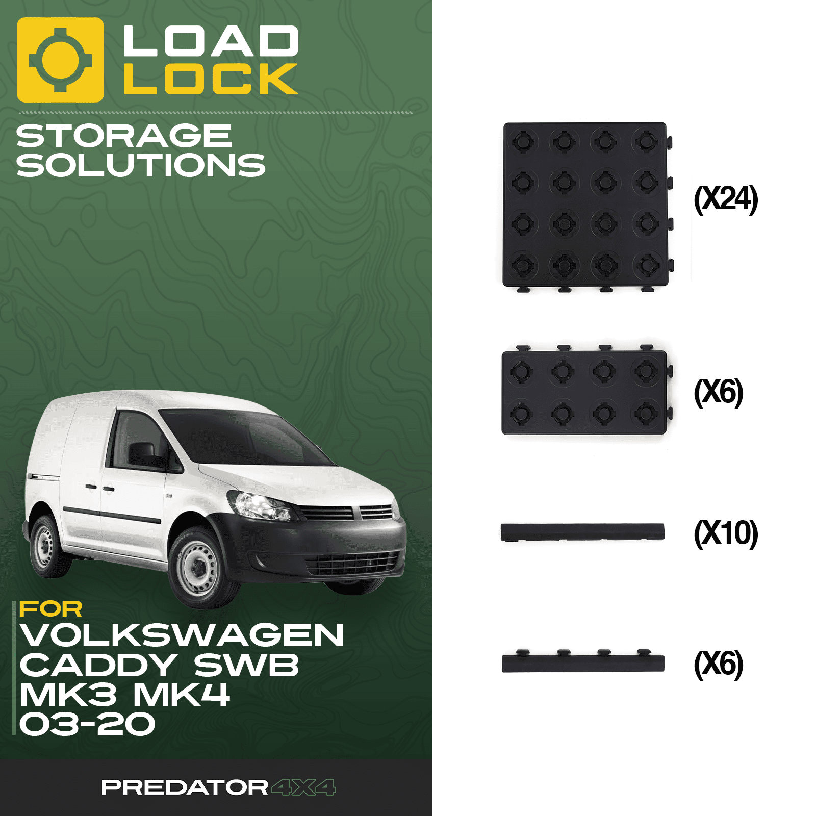 Volkswagen Caddy SWB/LWB MK3/MK4 2003-2020 LoadLock Full Load Bed Base Kit - 6 Anchors & 6 Stoppers , LWB