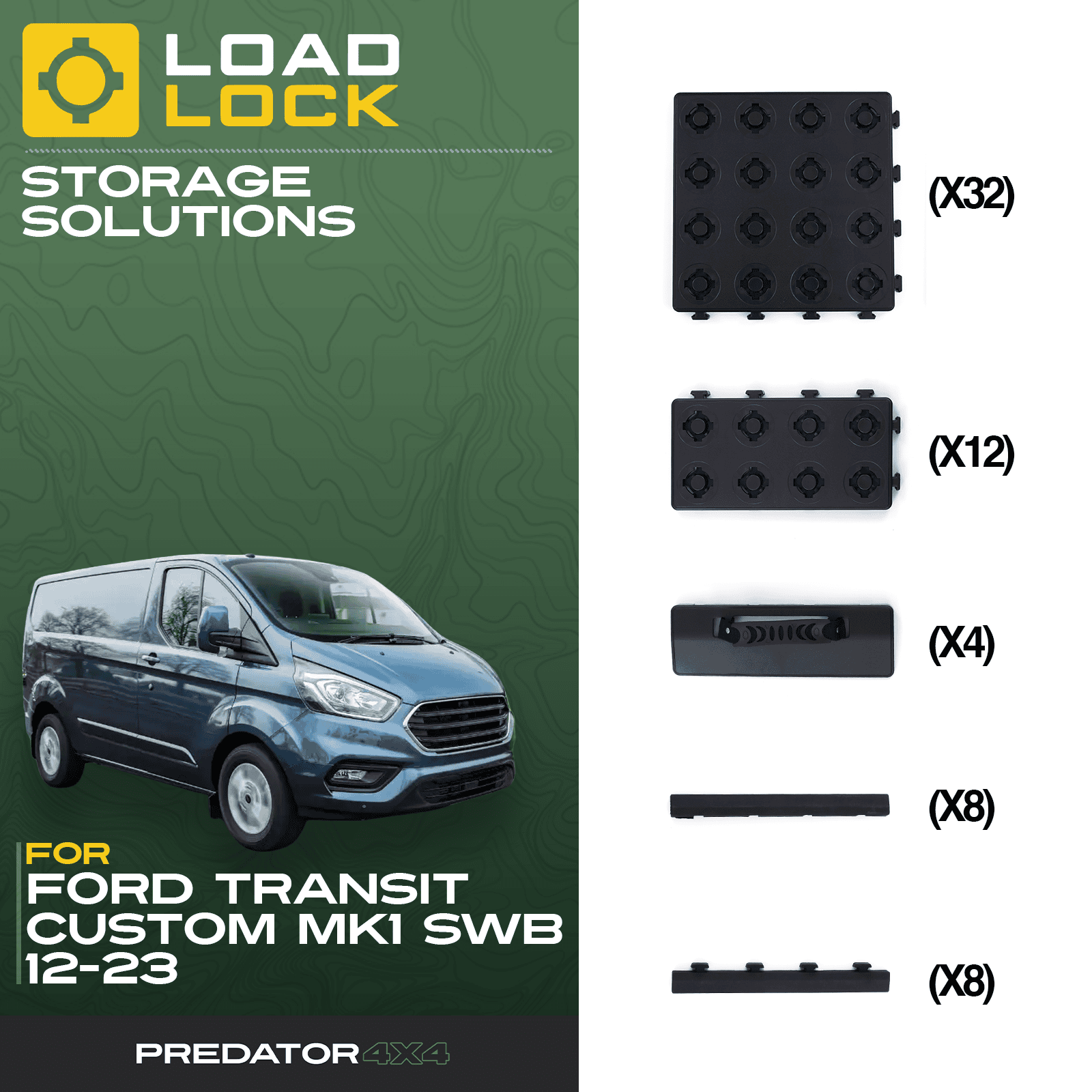 Ford Transit Custom MK1 SWB/LWB 2012-2023 LoadLock Full Load Bed Base Kit - 6 Anchors & 6 Stoppers , LWB