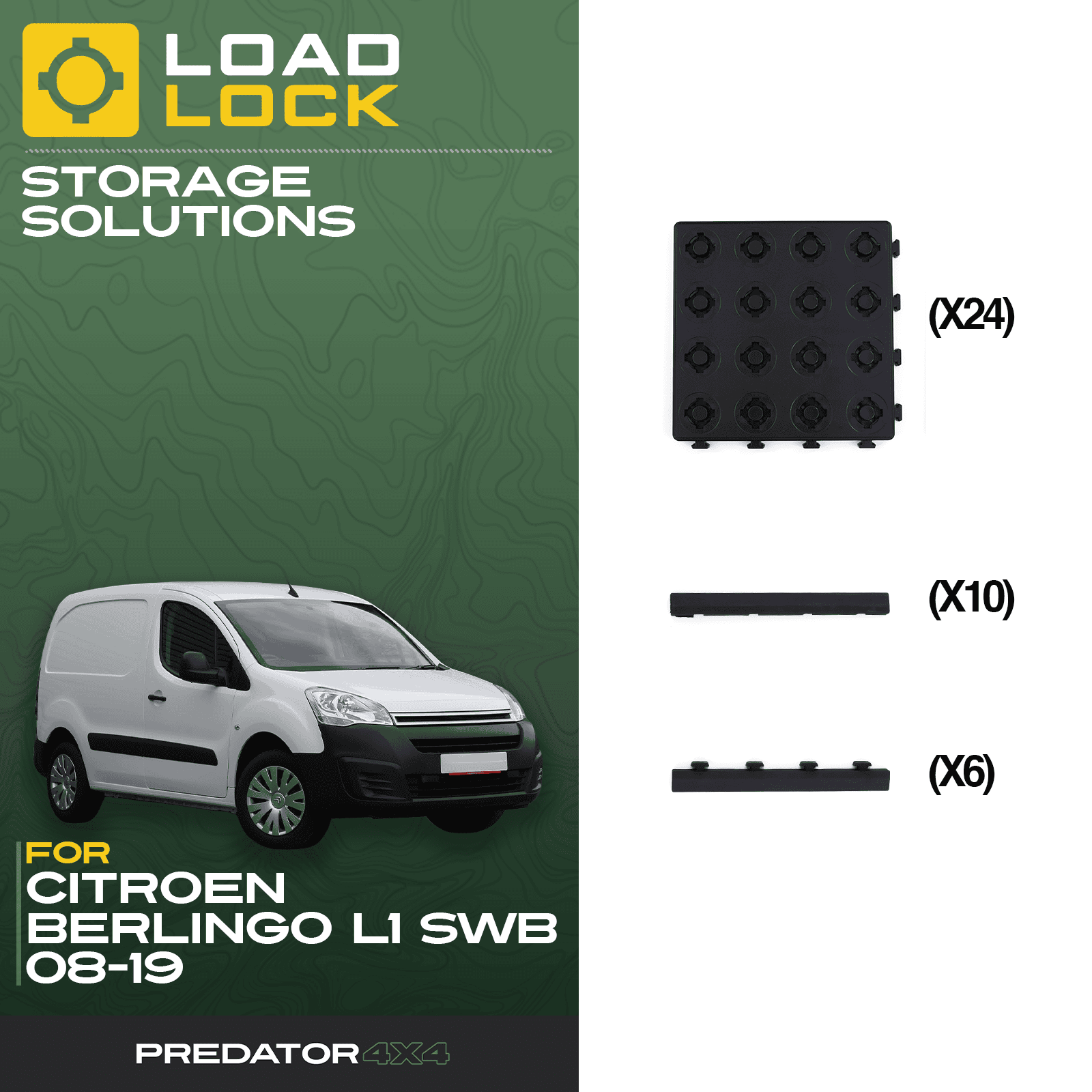 Citroen Berlingo / Peugeot Partner L1 SWB 2008-2019 LoadLock Full Load Bed Base Kit - 4 Anchors & 4 Stoppers