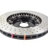 Cross-drilled and dimpled silver brake disc with black vented hub and colored heat-strip markings around the edge.