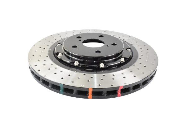 Silver DBA 5000 Series 356mm cross-drilled and dimpled front brake disc with black center hub and colored heat stripes.