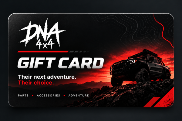 DNA4x4 digital gift card design with off-road 4x4 on rocky terrain at red sunset and the slogan “Their next adventure. Their choice.”